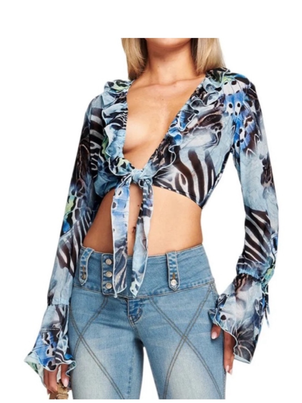 I.AM.GIA Odetta Blue Mesh  Butterfly Print Top